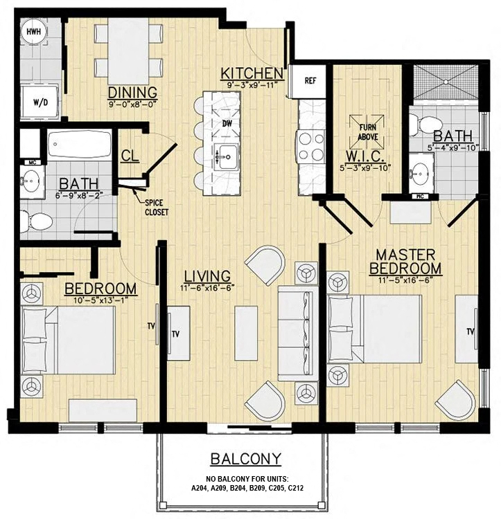 Floor plan for 2 beds, 2 baths, 1010 sqft